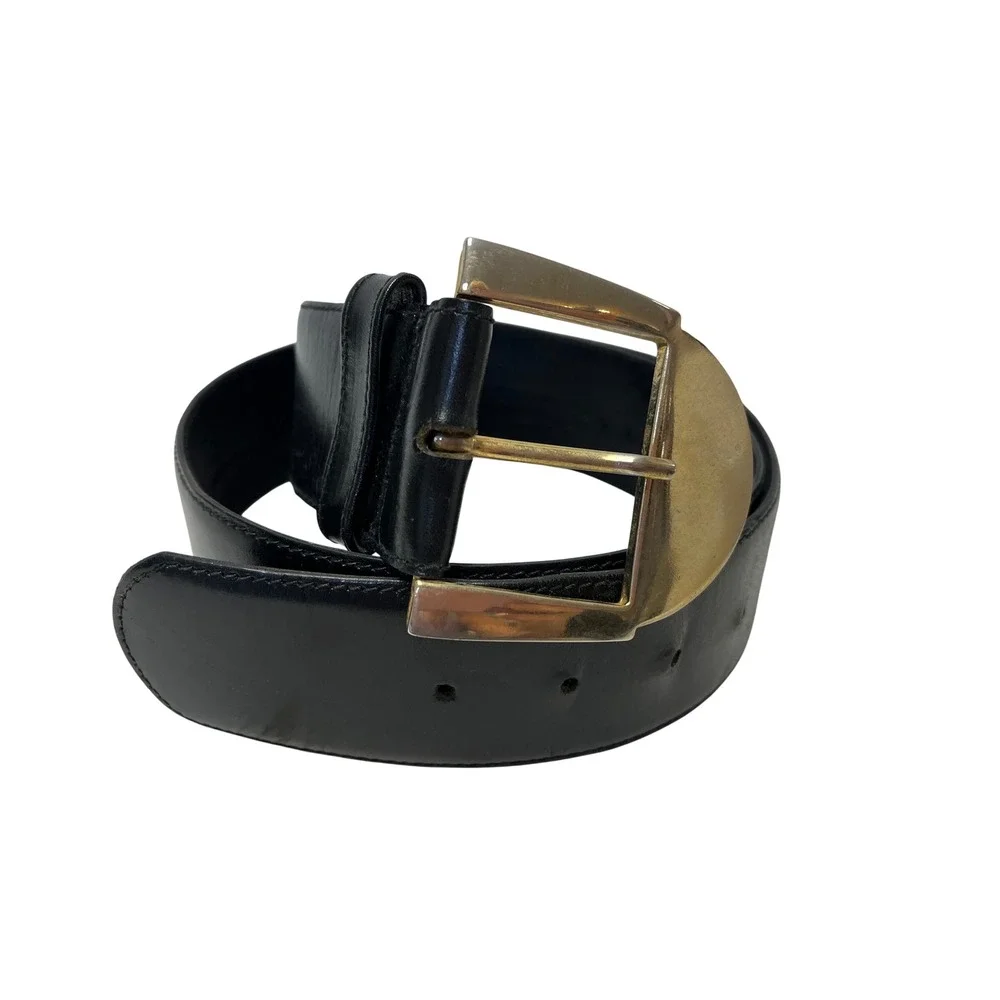 Echo Leather Belt Womens L Black Gold Buckle Classic Italy Vintage Style Chic